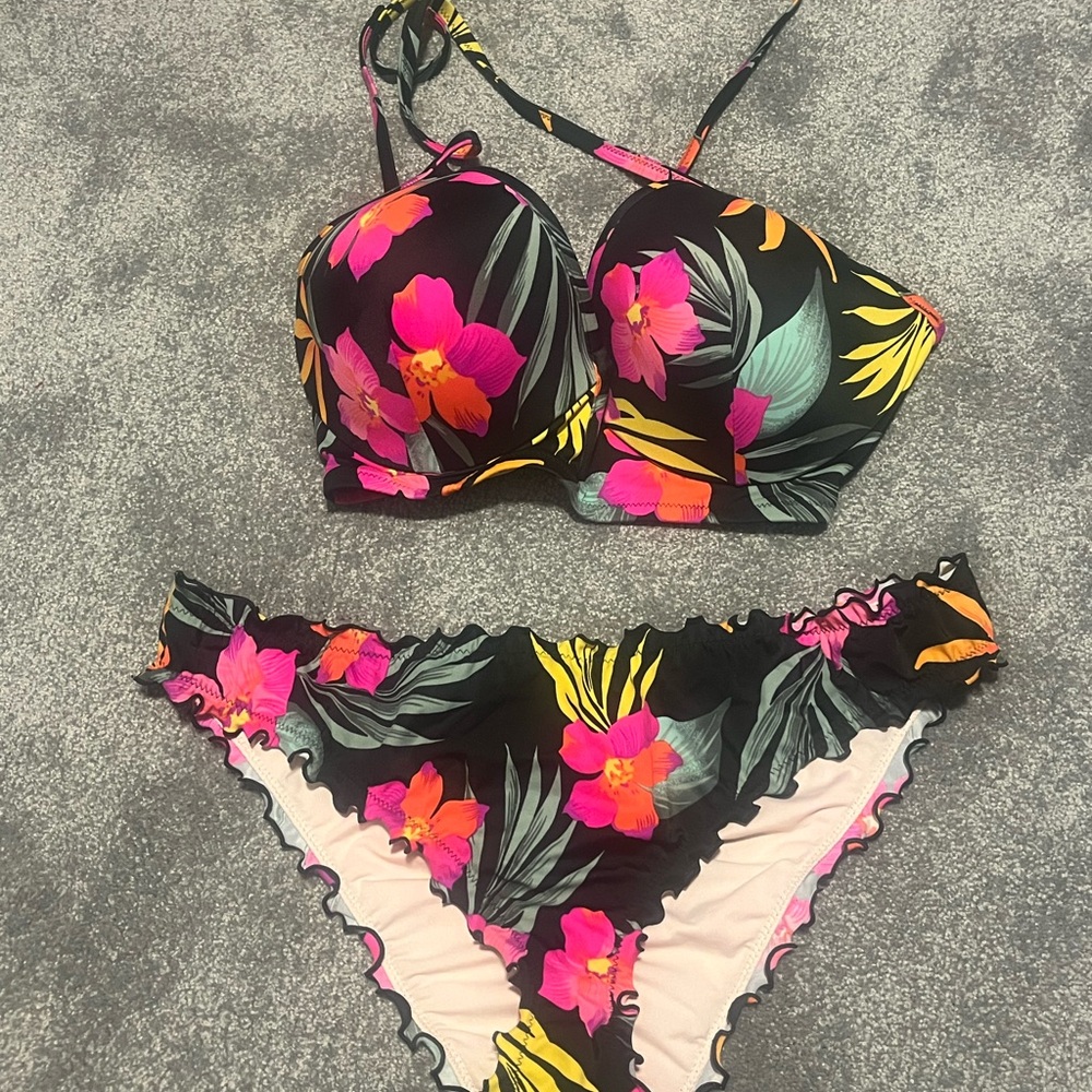 Floral Black and Pink Bikini Set